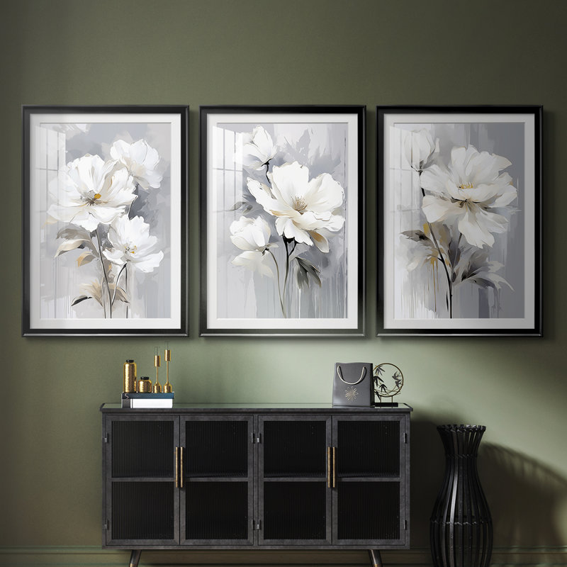 FLORAL Series CDXL III - Impression encadrée de qualité supérieure sur mesure mat - 3 pièces, H 15 po x l 19 po, Noir