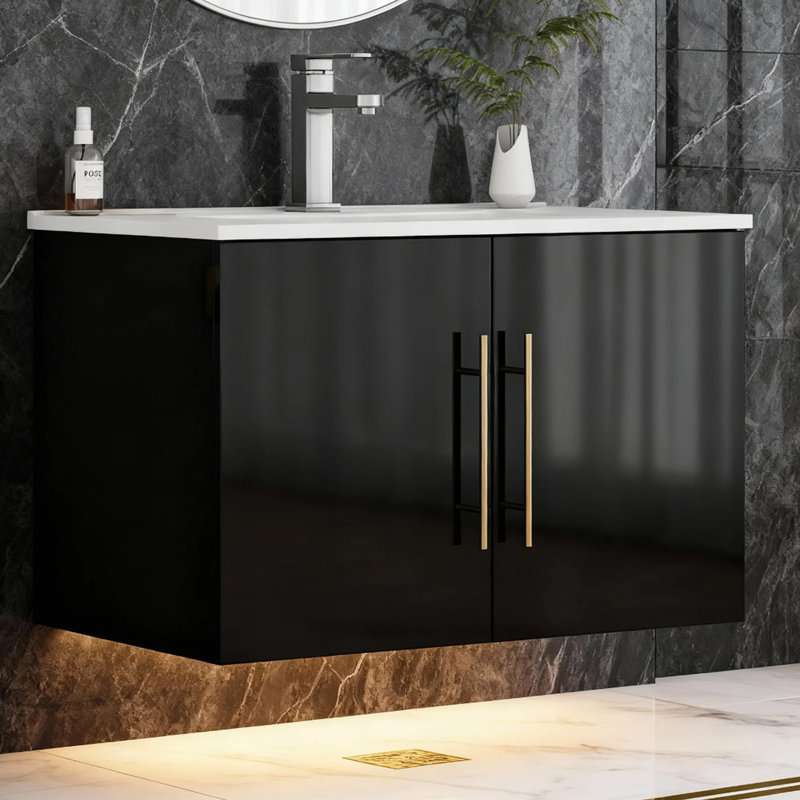 Meuble-lavabo mural 30 po avec lavabo, noir, Noir