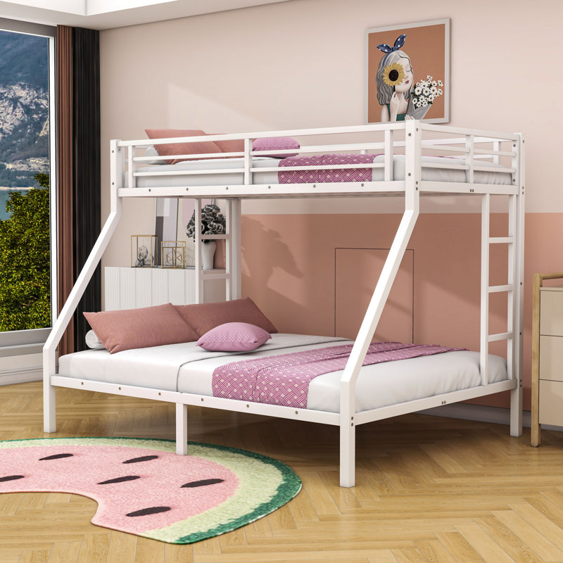 Twin XL Over Queen Heavy Duty Metal Bunk Bed With Dual Side Ladders And Noise-Free Design, White