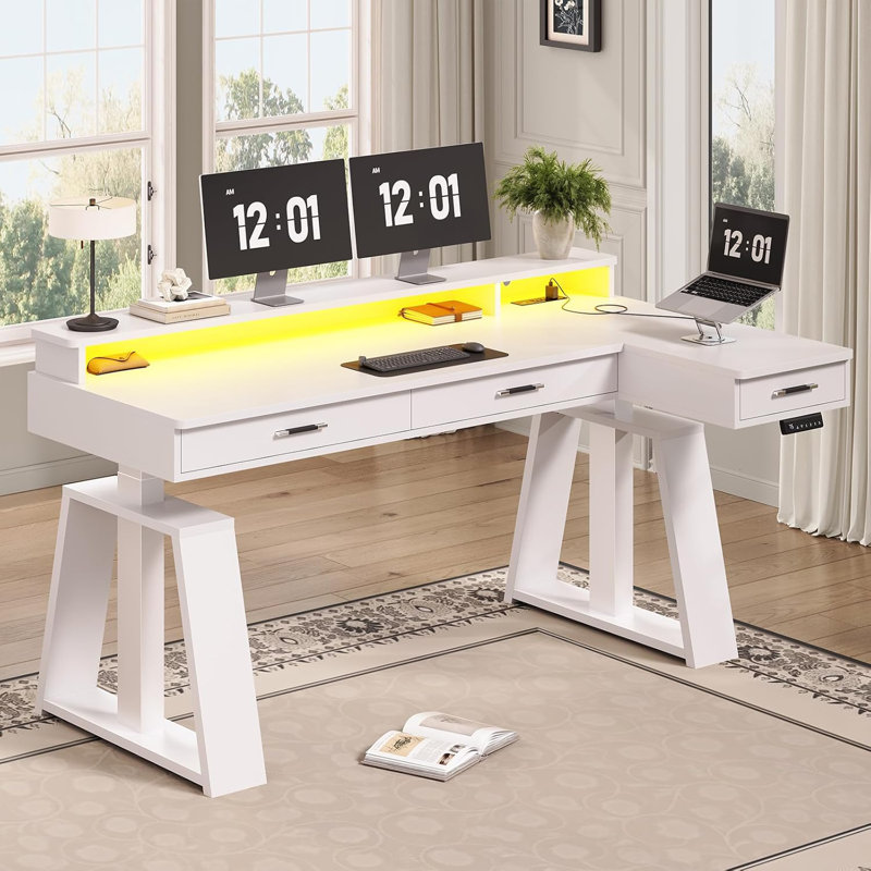 Bureau debout électrique en forme de L 59 "avec tiroirs, Blanc