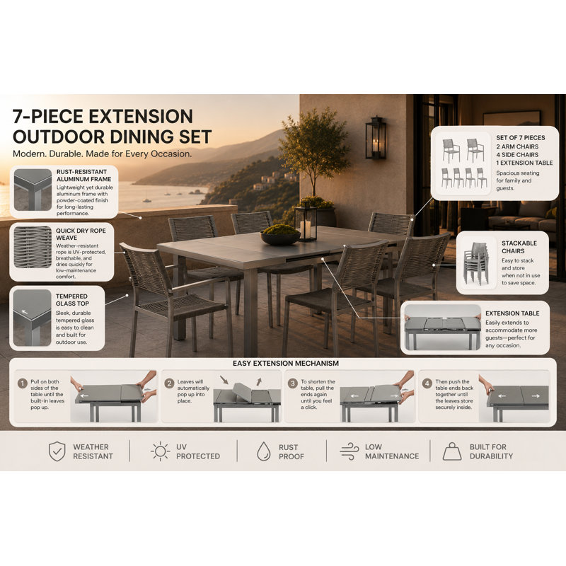  Ensemble repas d'extérieur 7 pièces avec table rectangulaire extensible Pangea Home Bella - Mobilier d'extérieur moderne avec chaises en corde à séchage rapide et plateau en verre trempé