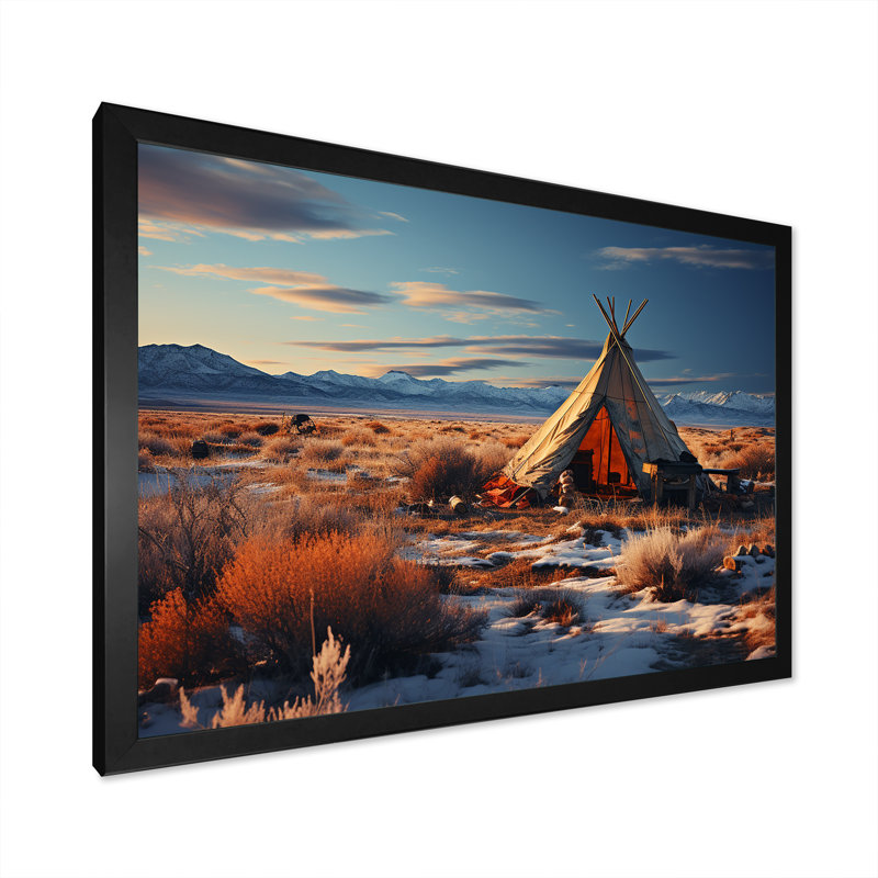 Tribal tipi paysage sur toile, Cadre simple noir, H 34 po x l 44 po x P 1,5 po