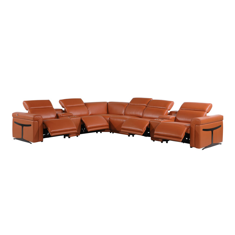 Suhur 8-Piece Top Grain Italian Leather Power Reclining Chaise Sectional, Camel Genuine Leather