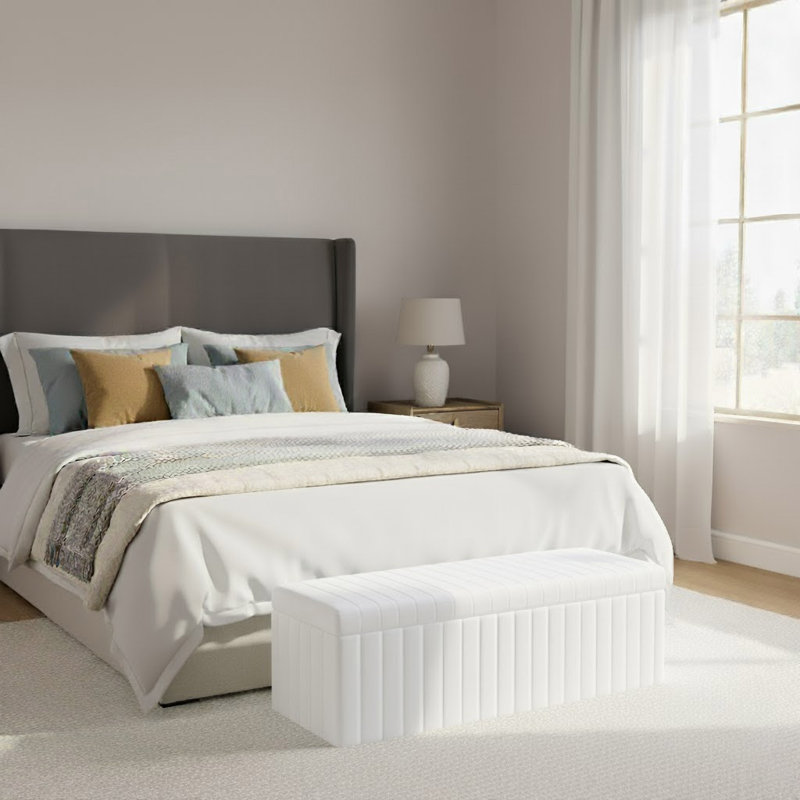 Lux Striped Wide Velvet Rectangle Solid Color Standard Ottoman Box with Storage, 40 cm H x 120 cm W x 42 cm D, White