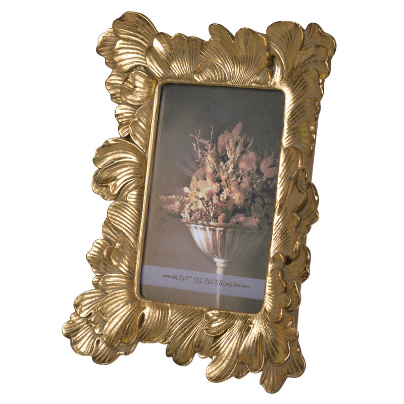 Cadre photo 7 po x 10 po en polyrésine or antique avec motif de feuilles ornées, cadre photo sur pied traditionnel pour table, manteau de cheminée, bureau ou table de chevet 