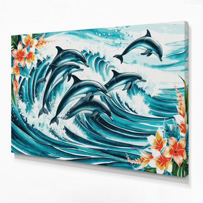 «Hawaiian Leaping Dolphins», art mural sur toile bleue