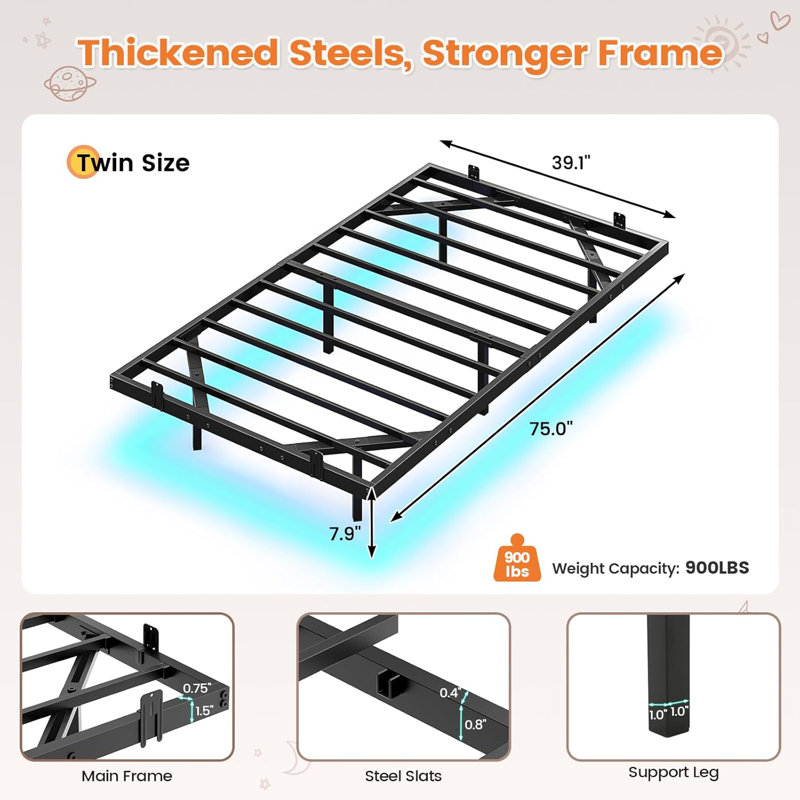 Floating Bed Frame With Led Lights For Kids Bedroom,Metal Platform Bed Frame With 4 Mattress Slide Stopper,No Box Spring Needed,Black