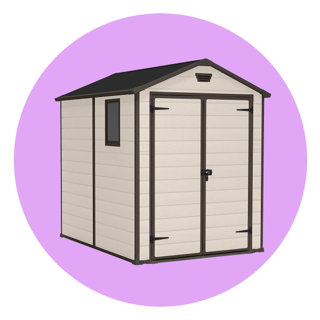 Beige outdoor garden shed with a dark brown pitched roof, double doors, and a small side window on a lavender circular background.