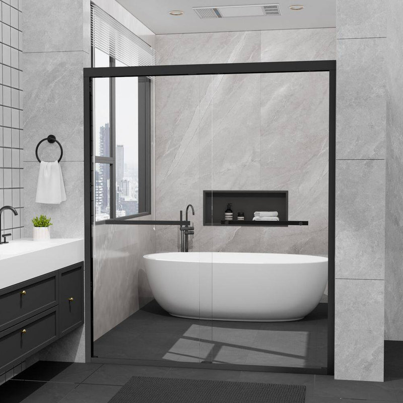 44-48" W x 72" H Framed Double Sliding Shower Door, Matte Black, 1/4" Tempered Glass with Nano Easy-Clean Coating