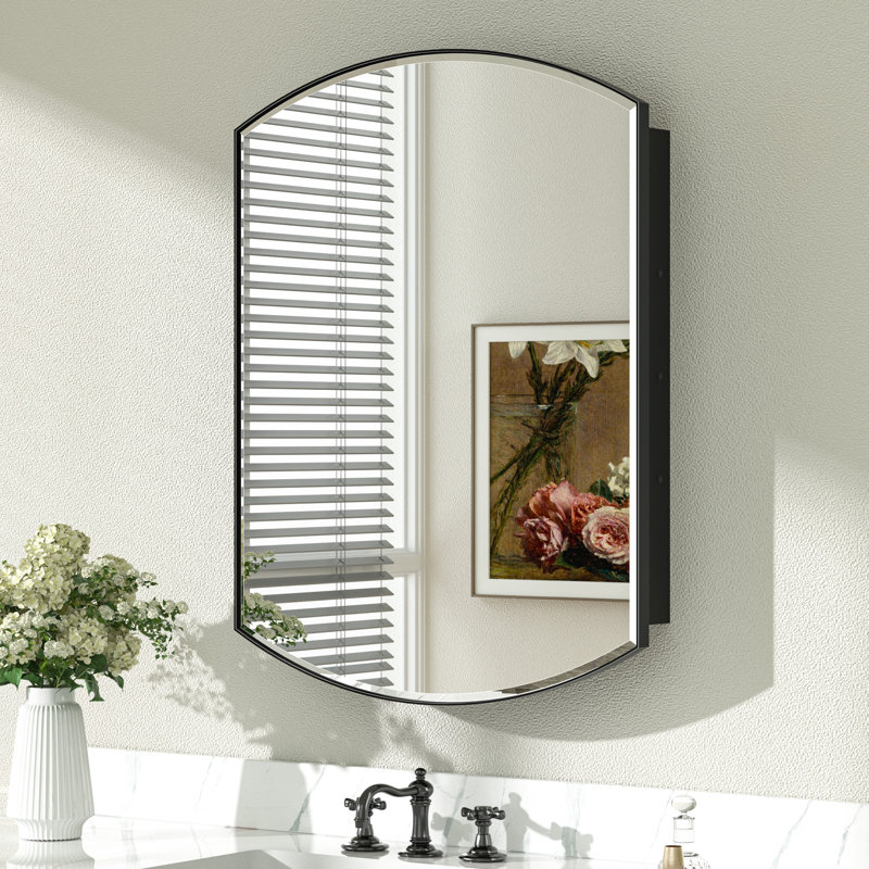 Arch Metal Framed Storage Medicine Cabinet With Beveled Mirror, 32" H x 24" W x 5" D, Black