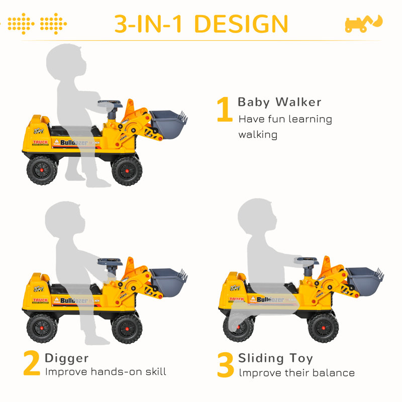 Yellow Plastic Ride-On Bulldozer with Storage and Digging Bucket
