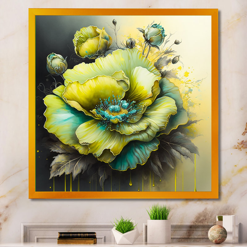 Fleur verte I - peinture sur toile, Impression dorée sur toile encadrée, H 36 po x l 36 po x P 1,5 po