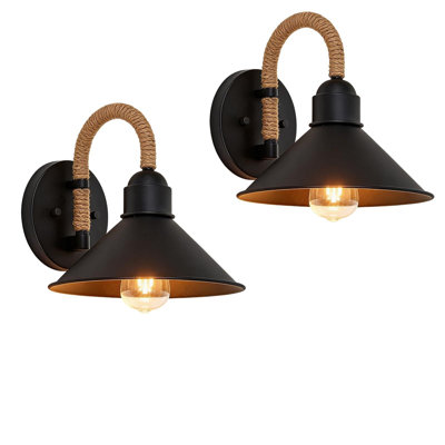 Vintage Wall Sconce,Industrial Wall Light Fixture, Metal Shade, Hemp Rope Arm, Indoor Outdoor Wall Lamp(Black/Set of 2)