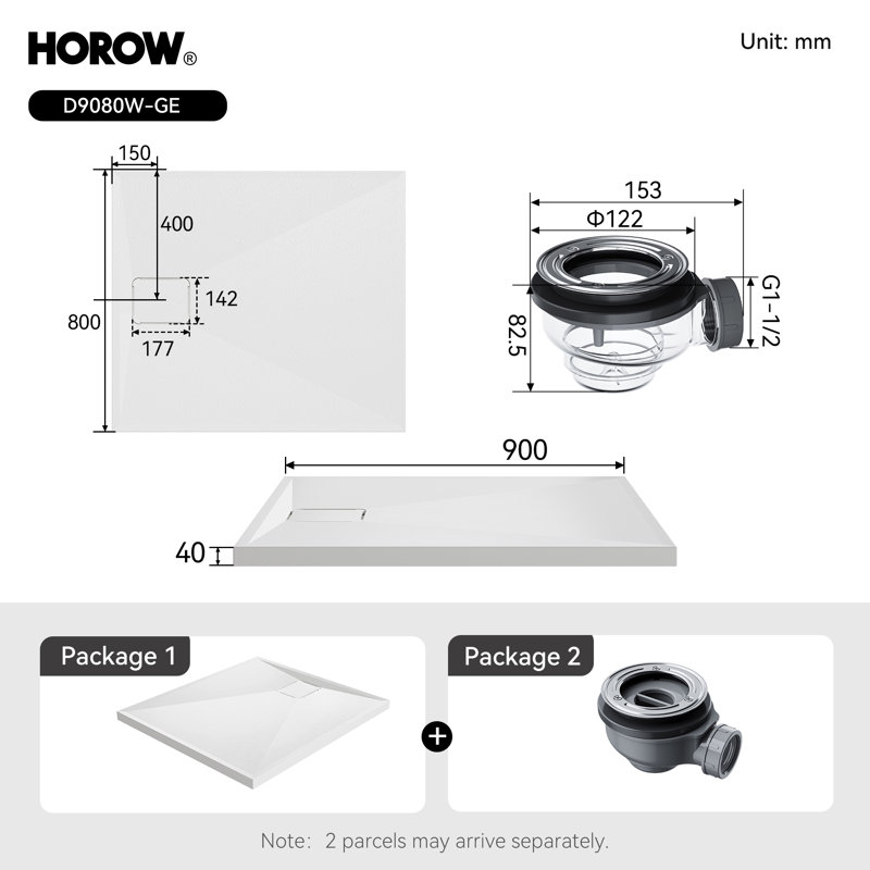  Shower Tray 90x80 cm, White Acrylic Stone Effect Base – Anti-Slip & Warm-Touch Surface