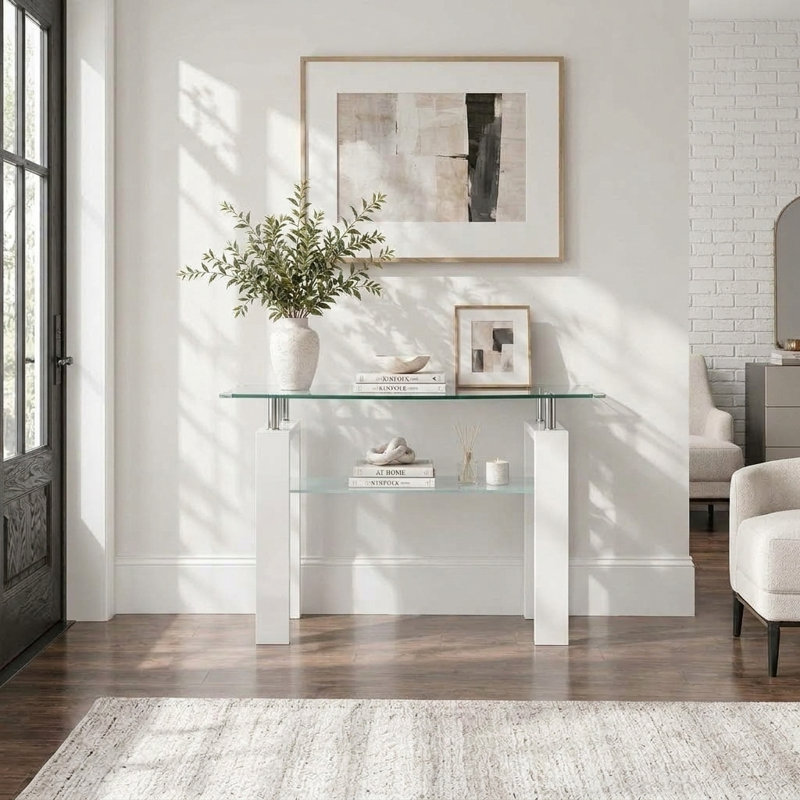 Console en verre de 120 cm (47,24 po) avec tablettes à deux niveaux en verre trempé et structure en métal, Black