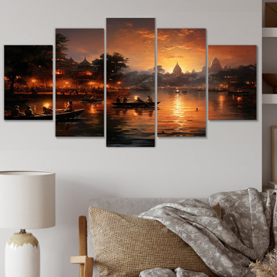 «Hinduisim Sunset Aarti IV» sur toile, reproduction de 5 pièces