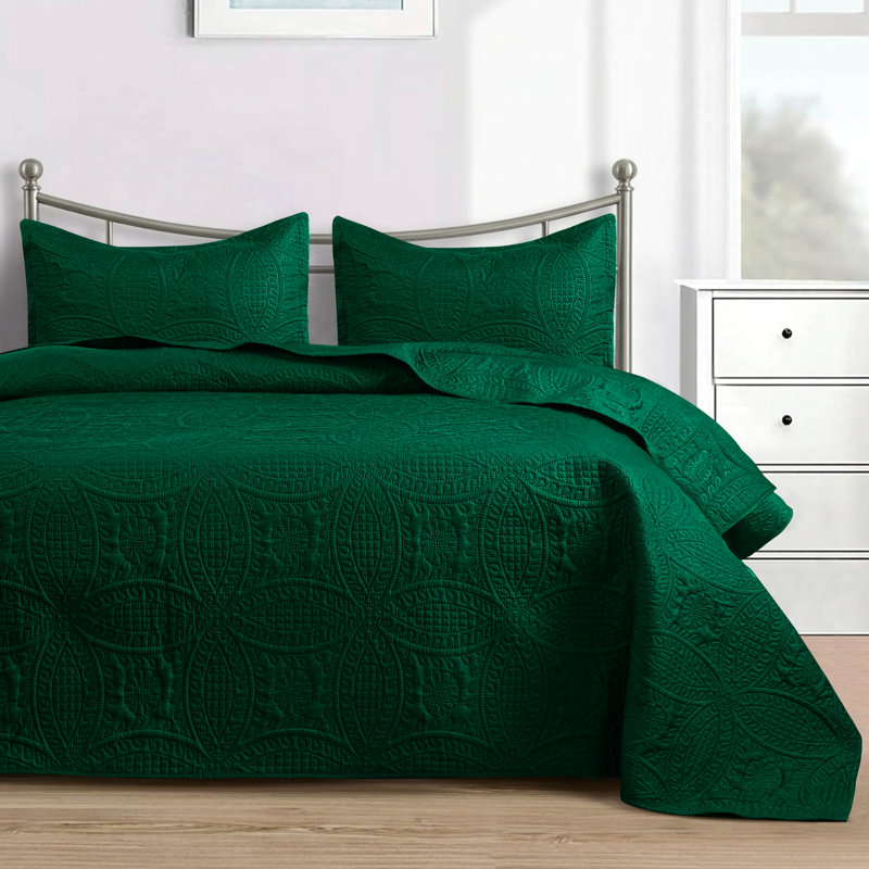 3 Piece Bedspread Set - Reversible Quilt Set - Lightweight Microfiber Coverlet for Queen King Twin, Emerald