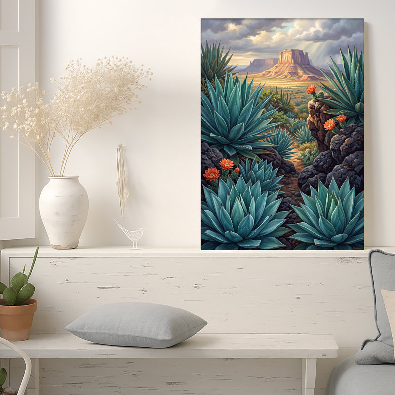 «Blue Agave Plants and Orange Cactus Flowers Near Rocky Mesa», art mural, 40"H x 28"W