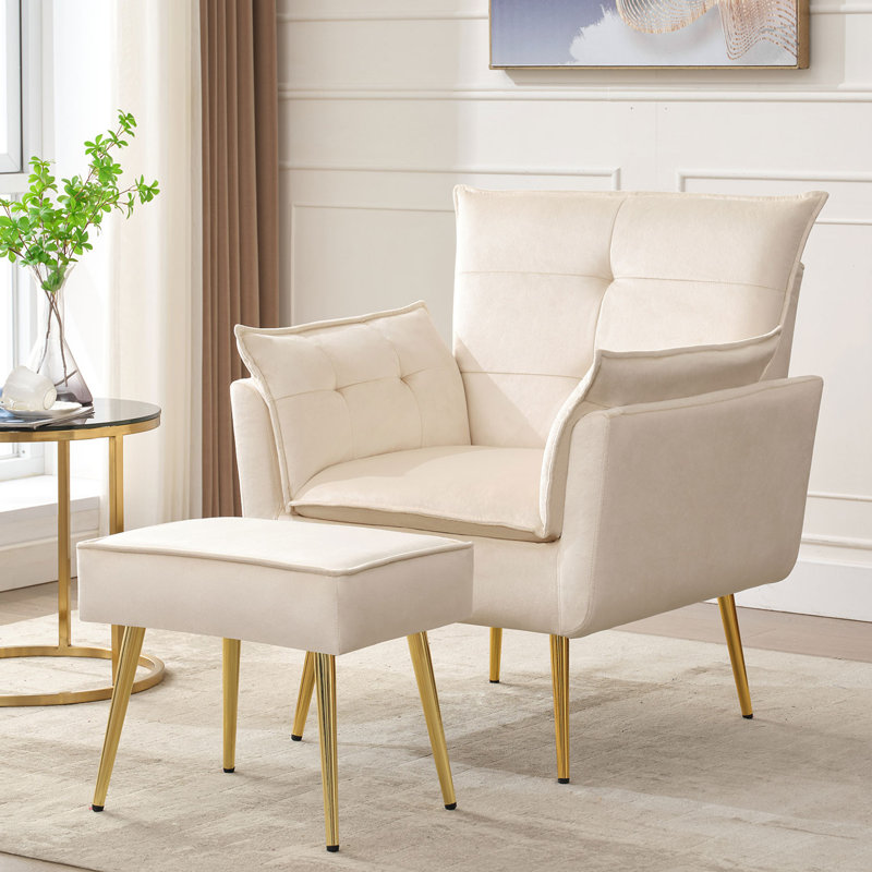 Fauteuil en velours capitonné avec repose-pieds Vaishal, Velours crème