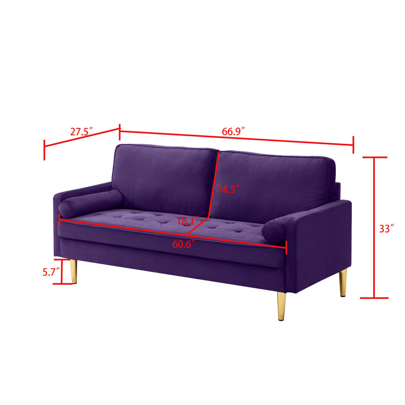 Vintage Style velvet loveseat sofa with metal legs and cushions for the living room or bedroom., Purple