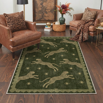 Machine Washable Non Slip Cheetah Collection Animal Print Green Beige Indoor Area Rug