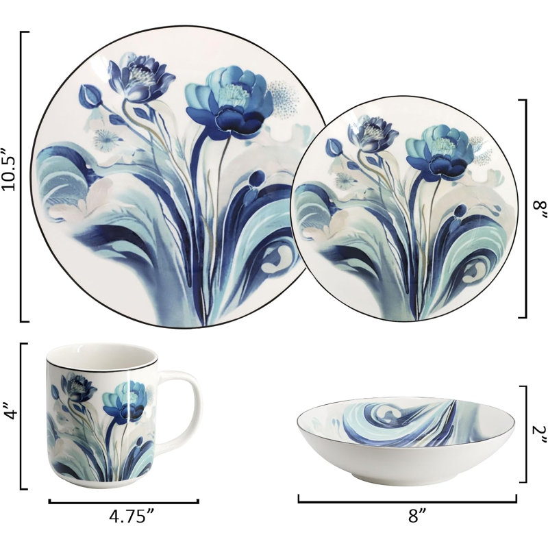 Peony Garden 16 Piece Abstract Design Round Porcelain Dinnerware Set Multicolor
