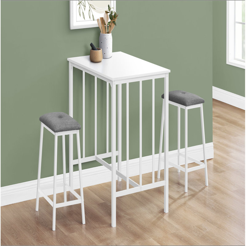 Ensemble de salle à manger, ensemble de 3 pièces, hauteur de comptoir, 36 po rectangulaire, petit, cuisine, stratifié blanc, métal blanc, contemporain