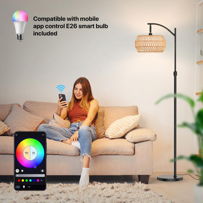 Lampe sur pied à arc avec 3 températures de couleur et ampoule à intensité variable RVB, lampe sur pied de ferme à hauteur réglable avec abat-jour en rotin et en tissu, télécommande et minuterie pour le salon, la chambre à coucher et le bureau