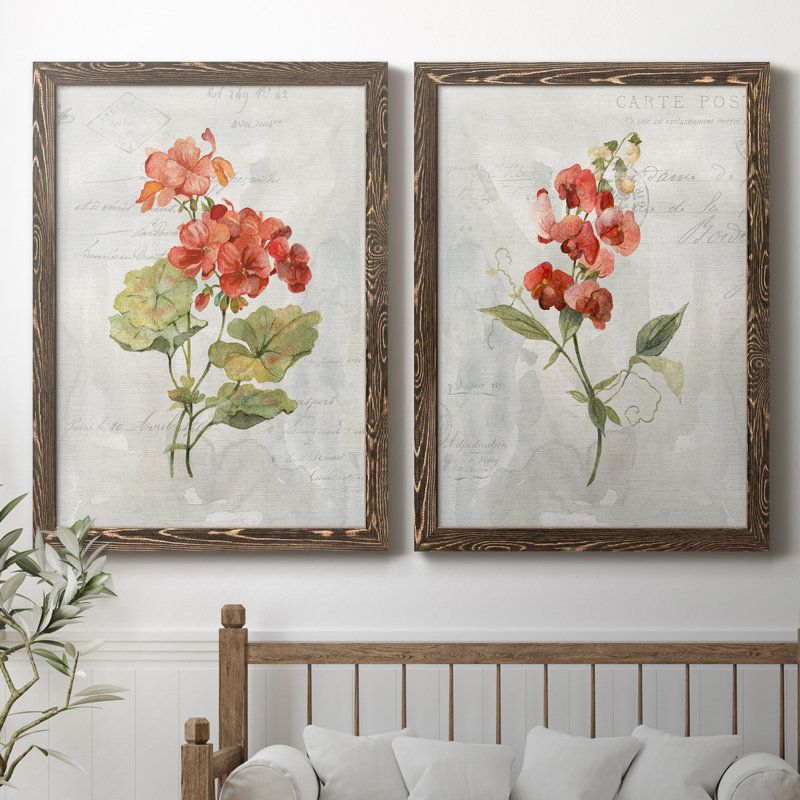Lin géranium - ensemble de 2 reproductions d'art, Toile avec cadre en noyer, Pas de tapis, H 31,5 po x l 47 po x P 1,5 po