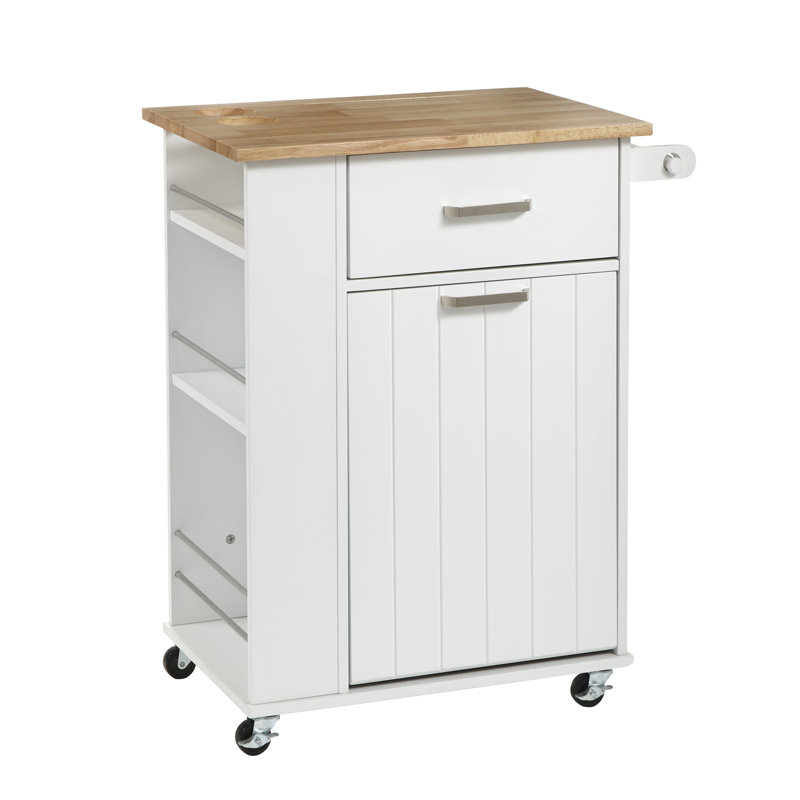 Chariot de cuisine avec plateau en bois massif Audy, Blanc
