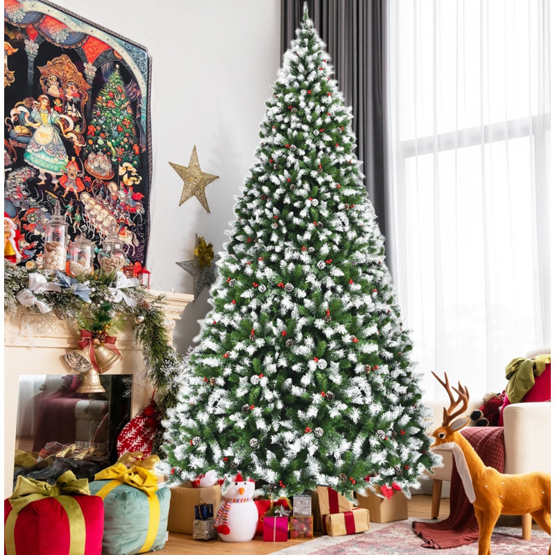 Sapin de Noël pré-éclairé à flocons de neige avec baies rouges, 6/7,5/9 pi, 8 modes, 9' H
