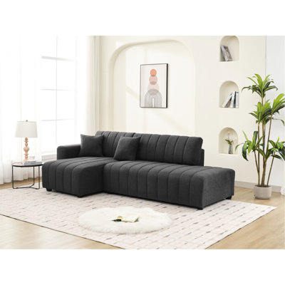 En forme de L avec un design scandinave, couleur principale gris foncé, matériau en laine, mousse à haute densité à 3 sièges, coin esthétique réversible pour appartements compacts, siège rembourré, attrait visuel capitonné,