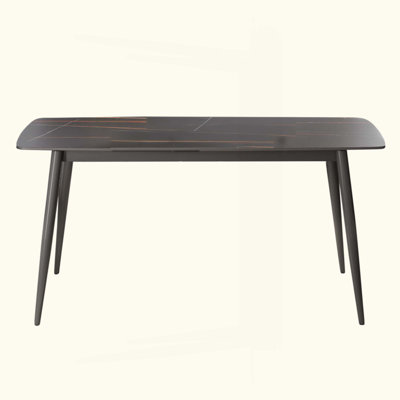 62.99" Modern Artificial Stone Black Curved Edge Dark Grey Metal Leg Dining Table-Can Accommodate 6 People(Dining Table Only)