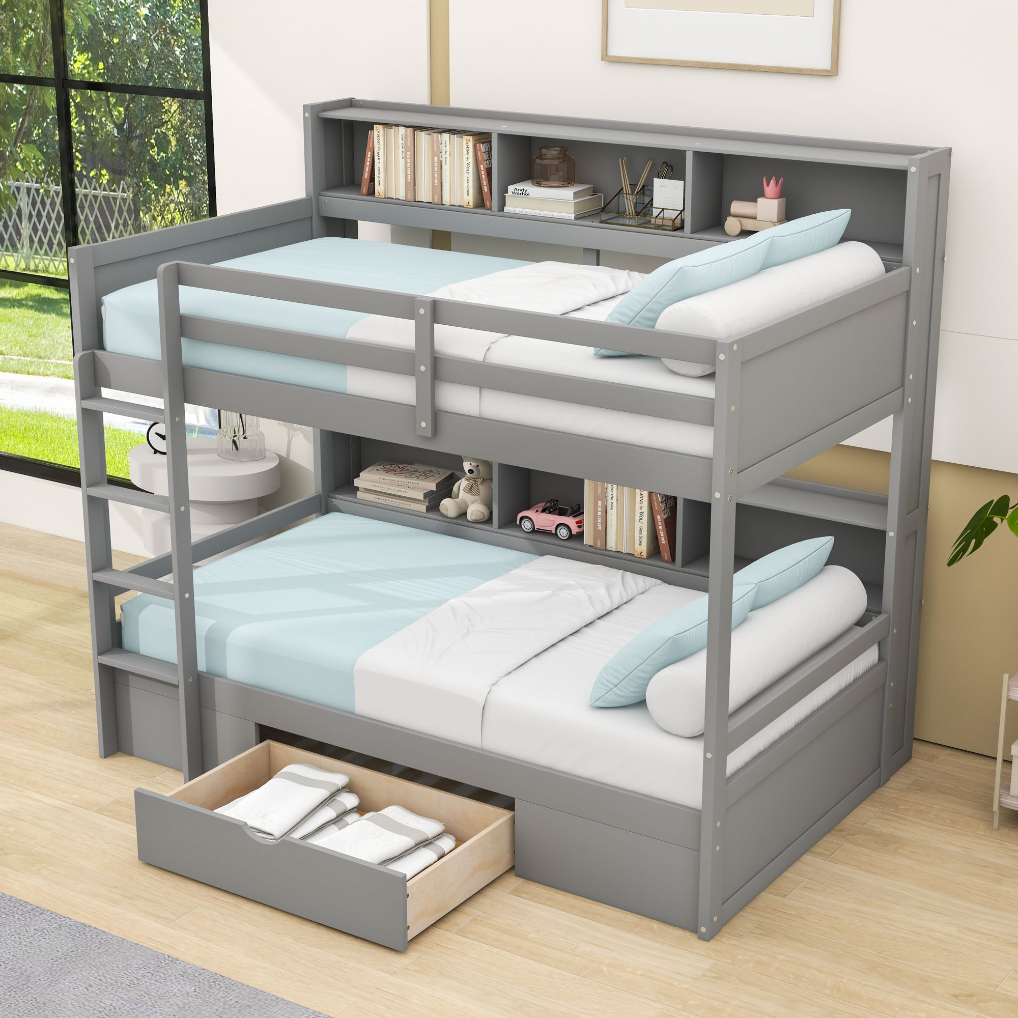 Harriet Bee Twin Over Twin Wooden Bunk Bed With Built-In Shelves And ...