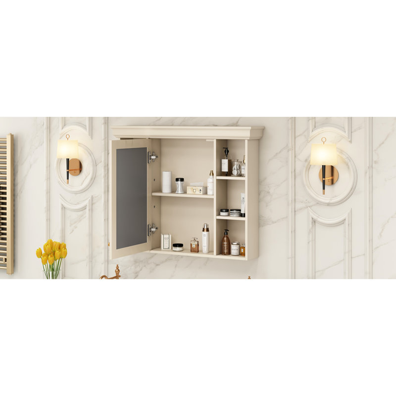 Bathroom Mirror Cabinet With Storage - Beige Cream Colour Wall Mounted Luxury Style Modern Ample Space