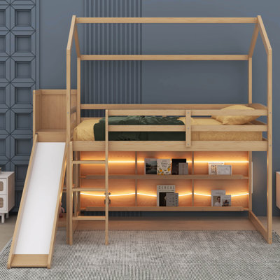 Annieruth Twin Size Wood House Loft Bed With Slide, Storage Shelves And Light