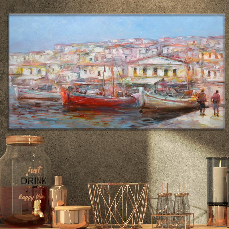 Red Boads In Vintage Village - Imprimé mer et rivage, H 30 po x l 40 po x P 1,5 po, Toile tendue