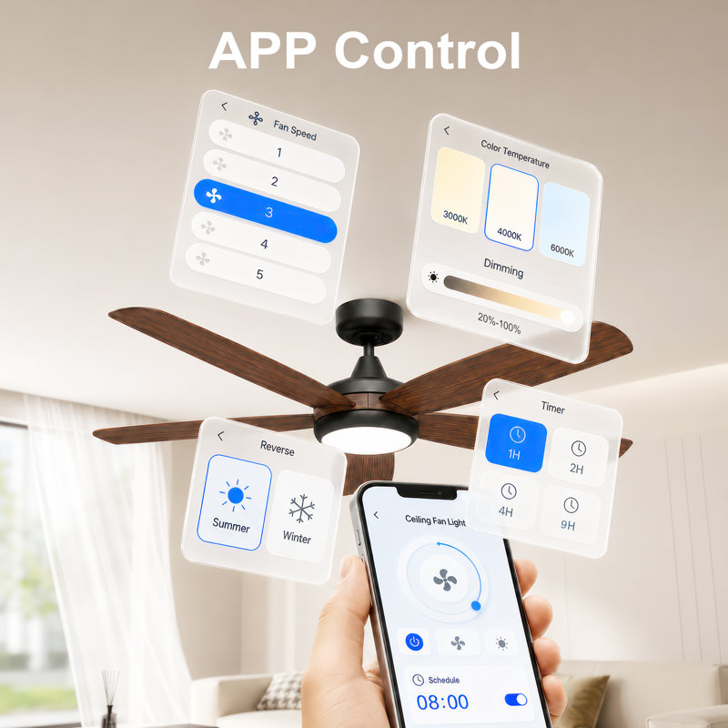 52" 5-Blade Smart Ceiling Fan with Light, WiFi/APP/Voice/Remote, 6 Speed High Airflow Low Noise DC Motor Reversible Airflow ABS Blades