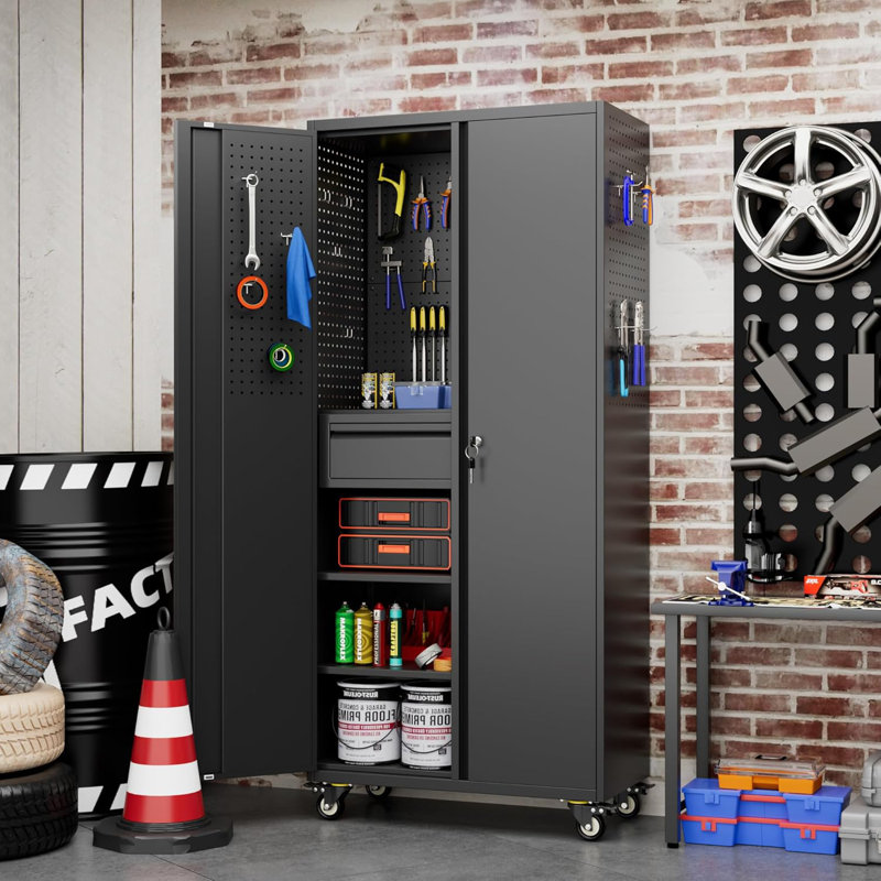 71" Metal Garage Storage Cabinet with 16 Hooks and Pegboards,1 Drawer Inside Rolling Tool Storage Cabinet with Adjustable Shelves,3 Metal Hanging Rod for Garage,Warehouse
