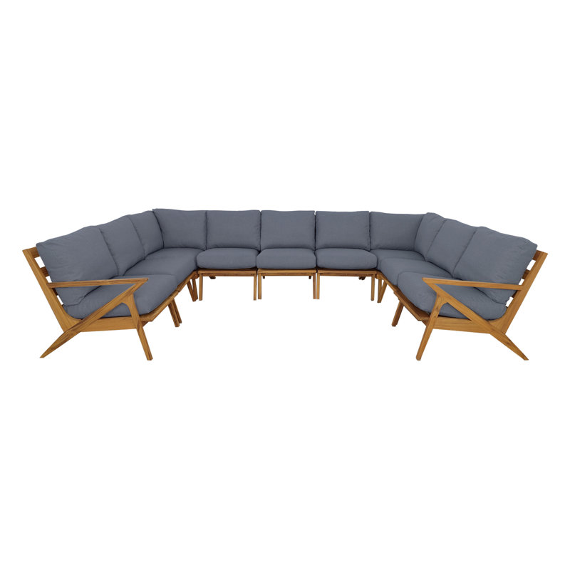 Hatteras 143" Wide Outdoor Teak U-Shaped Patio Sectional with Cushions, Gray