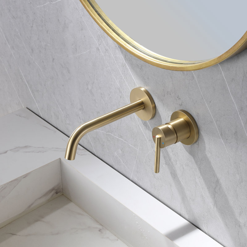 Robinet de lavabo mural en laiton massif avec drain optionnel, Or brossé, Sans bonde