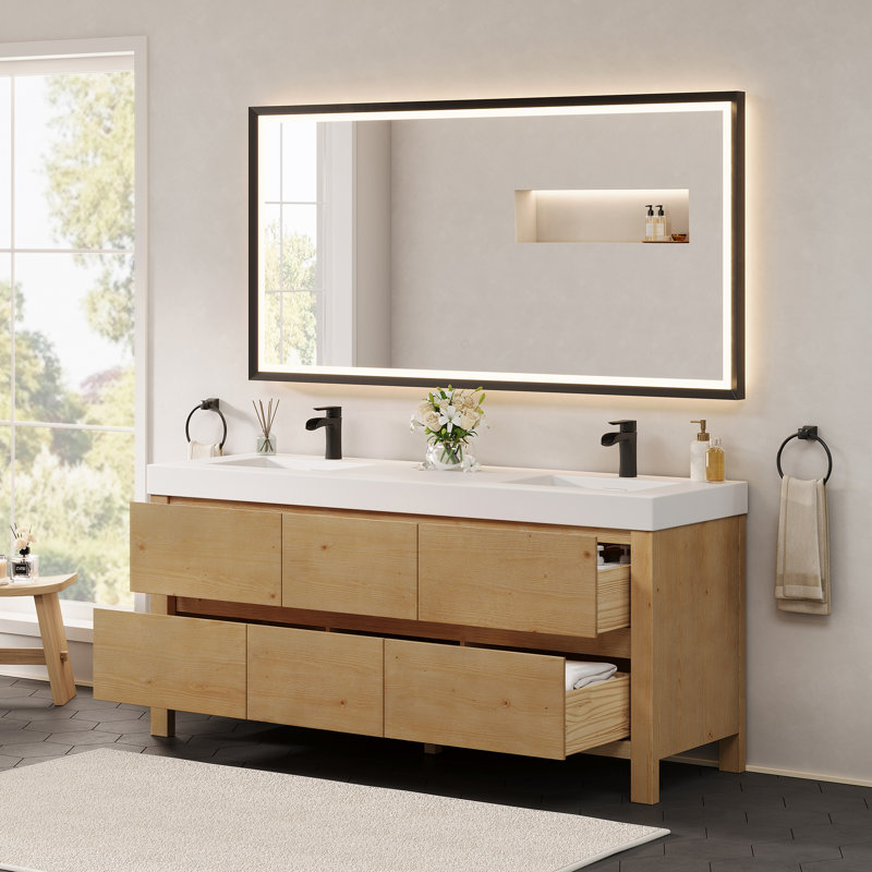 Ensemble de meuble-lavabo double 72 po en sapin vieilli avec pierre artificielle intégrée Abbie