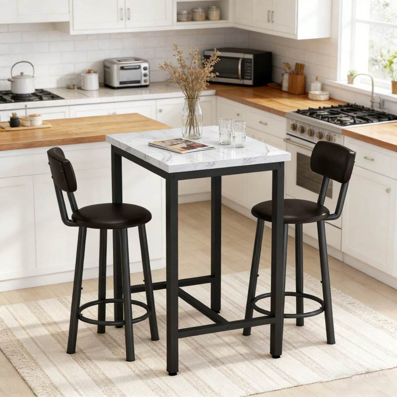Ensemble de table de bar 3 pièces pour 2 personnes, table de pub carrée 23,6 po avec 2 chaises rembourrées en polyuréthane, ensemble de table de cuisine à hauteur de comptoir pour petits espaces, bar, restaurant, appartement