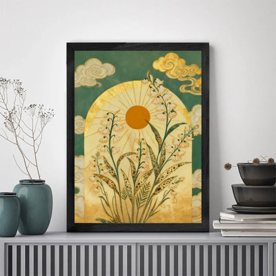 Black Framed Retro Floral Sun Wall Art - Boho Vintage Luxe Decor Framed Prints