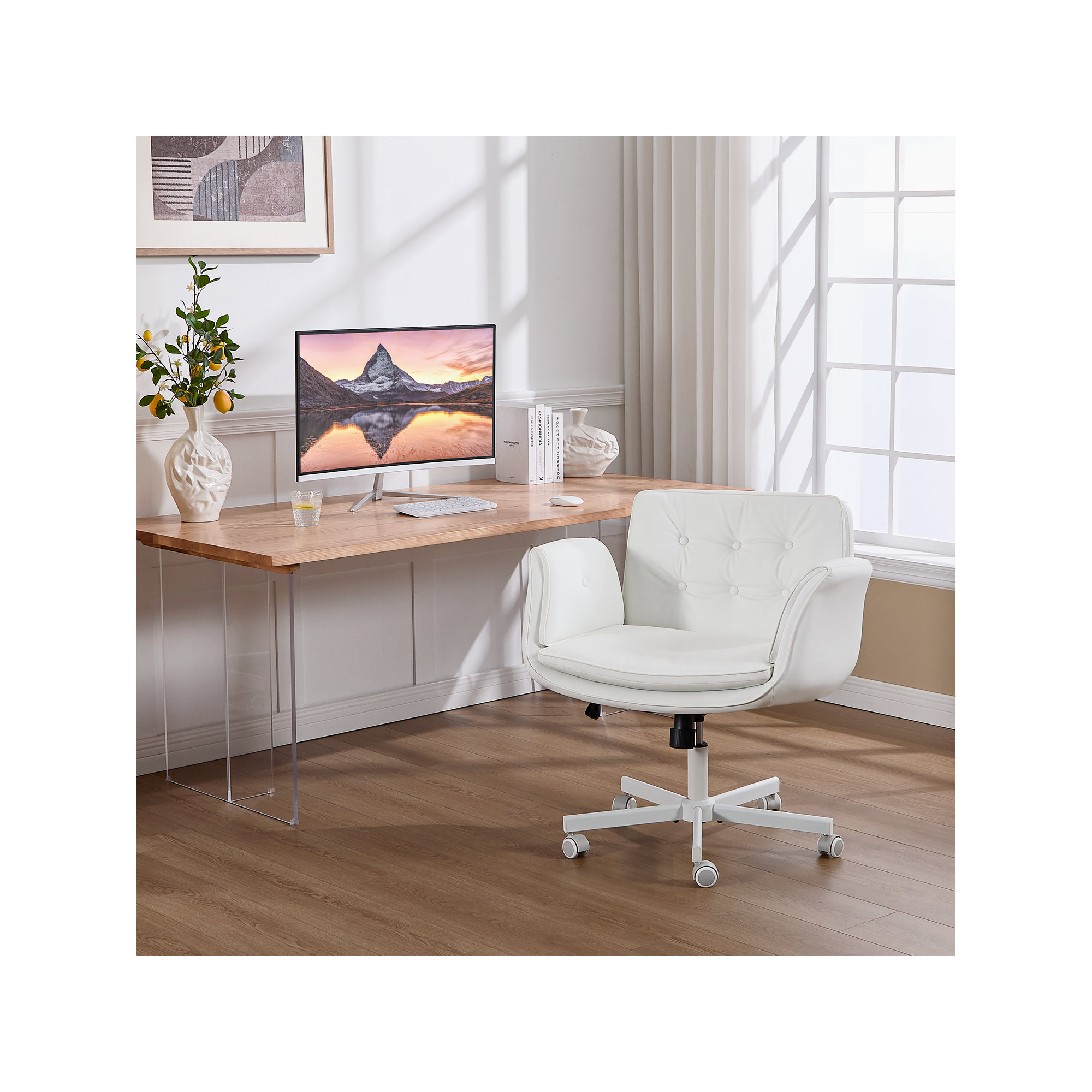 Luii Criss Cross Home Office Chair with wheels and arms, White, White