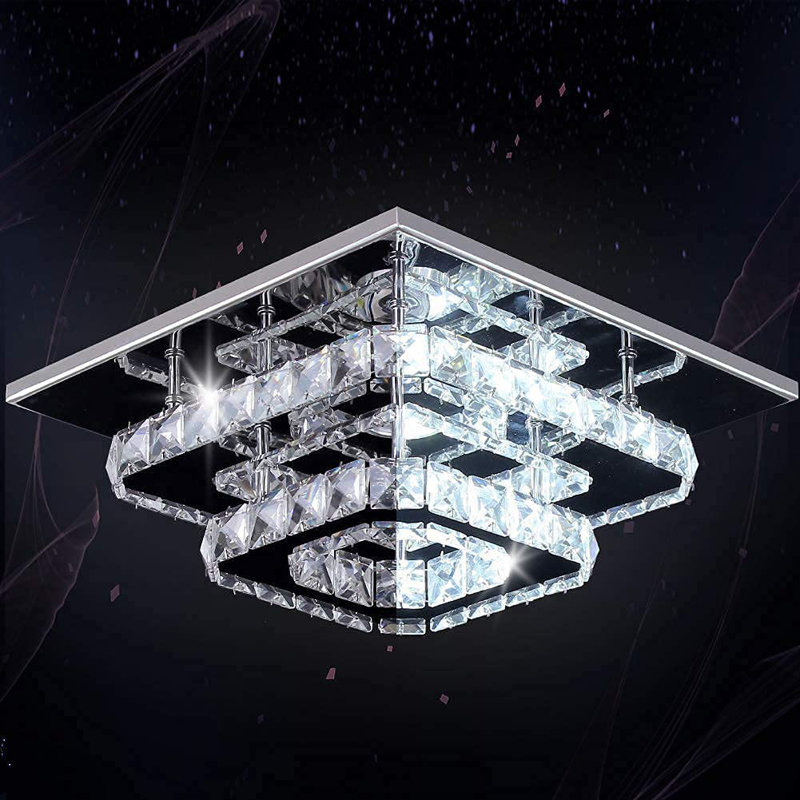 Dimmable Crystal LED Square Flush Mount Chandelier, 9.8" Ceiling Light Fixture For Dining Room, Kitchen, Foyer
