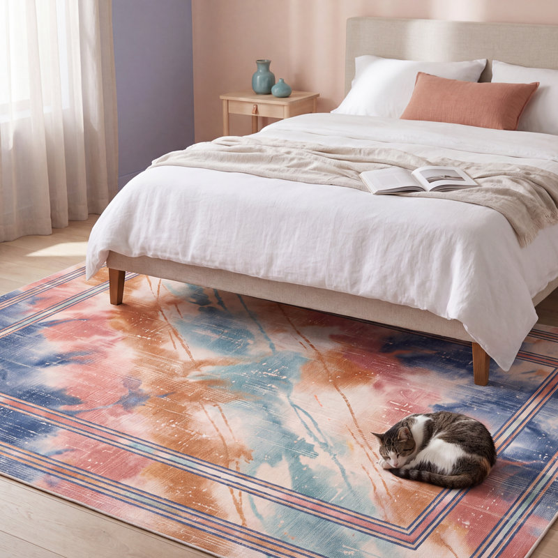 Tapis Estuary moderne à l'aspect vieilli, aquarelle abstraite, turquoise, rose et crème, lavable à la machine, antidérapant, à poils courts, pour l'intérieur et l'extérieur, adapté aux animaux domestiques, idéal pour le salon, la chambre, la salle à manger, l'entrée, le couloir ou le bureau.