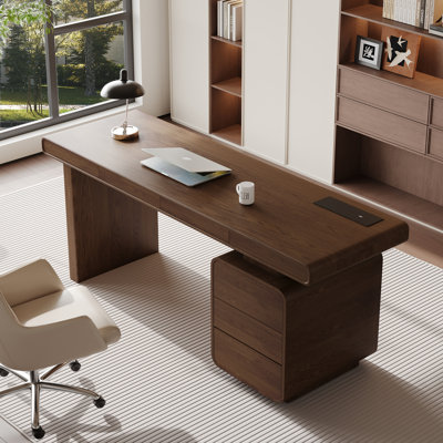 Modern Wood Veneer Executive Desk – 4 Desktop Drawers, 3-Drawer Base & Built-In Outlet
