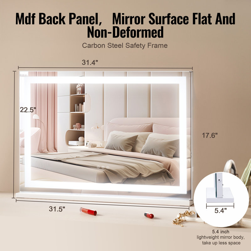 Ensemble de meuble-lavabo lumineux 3 couleurs avec miroir de maquillage mural USB 31,5 x 21,7 po