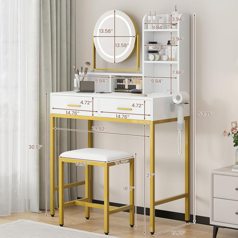 Vanity Desk with Mirror and Light, Makeup Vanity Desk with Rotating Mirror, 3 Colors Adjustable Light, Wood Vanity with 2 Drawers, Stool, Power Outlet, Vanity Set for Bedroom/Dressing Room